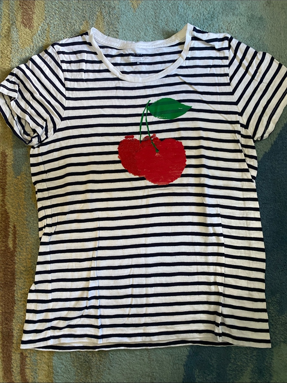 J. Crew Girls Navy & White Striped Tee with Red Cherry